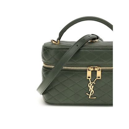 Saint Laurent Green Calf Leather Bos Taurus Handbag with quilted finish, YSL logo, flat handle, and adjustable strap.
