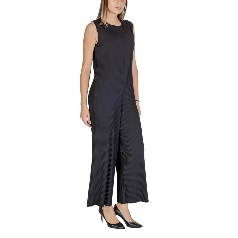 Sandro Ferrone Black Polyester Jumpsuit with sleeveless design and wide-leg cut for a sophisticated look.