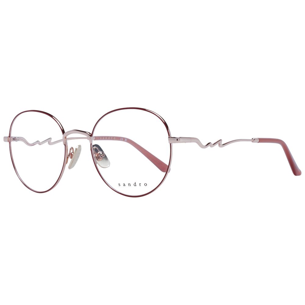 Sandro Red Women Glasses Frame with full-rim metal design, round shape, and demo plastic lenses in a branded case.