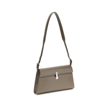 Savette Beige Calf Leather Bos Taurus Shoulder Bag with adjustable strap and iconic Symmetry turnlock closure.