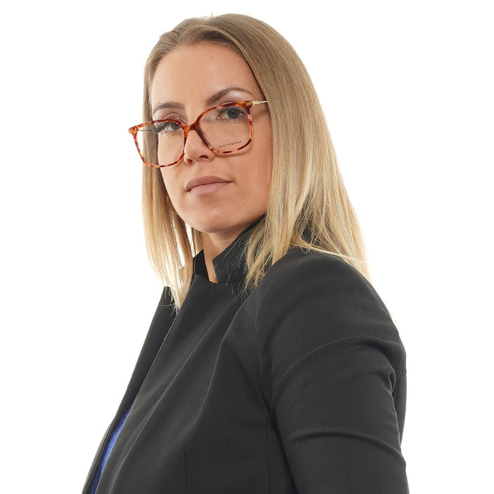 Scotch & Soda Orange Women Glasses Frame on woman with blonde hair, square shape design, acetate material, full-rim style, demo lenses.