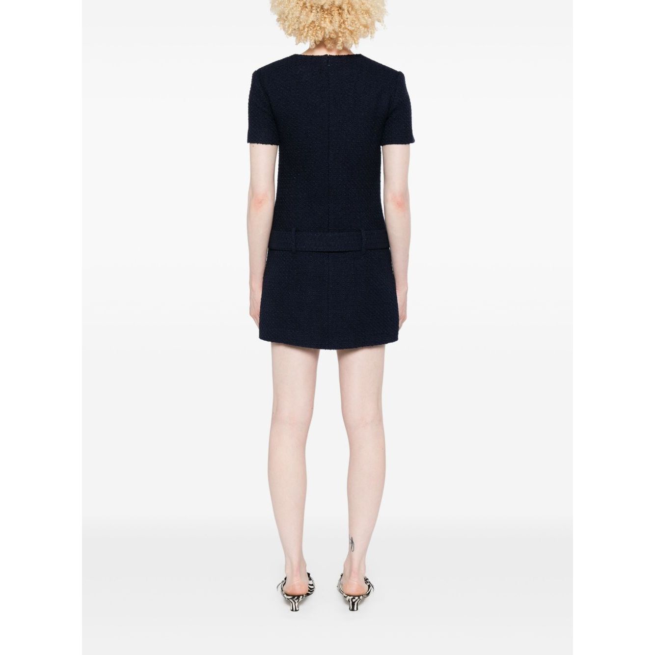Back view of navy blue boucle mini Self-portrait Dresses Blue with belted waist and welt pockets.