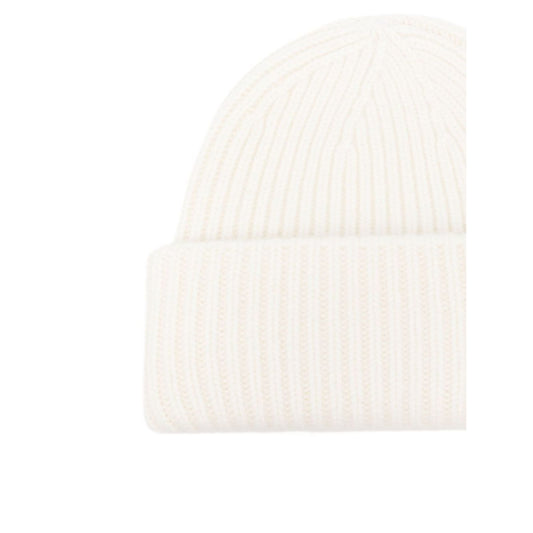 Soft Goat Cashmere ribbed beanie, white round crown turn-up brim, luxurious winter hat