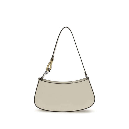 Staud Cream Calf Leather Bos Taurus Shoulder Bag with flat strap and zippered top closure, featuring a double snap hook detail.