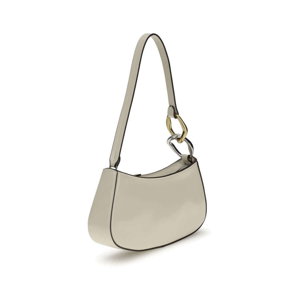 Staud Cream Calf Leather Bos Taurus Shoulder Bag with flat strap and double snap hook detail, zip closure, and interior pocket.
