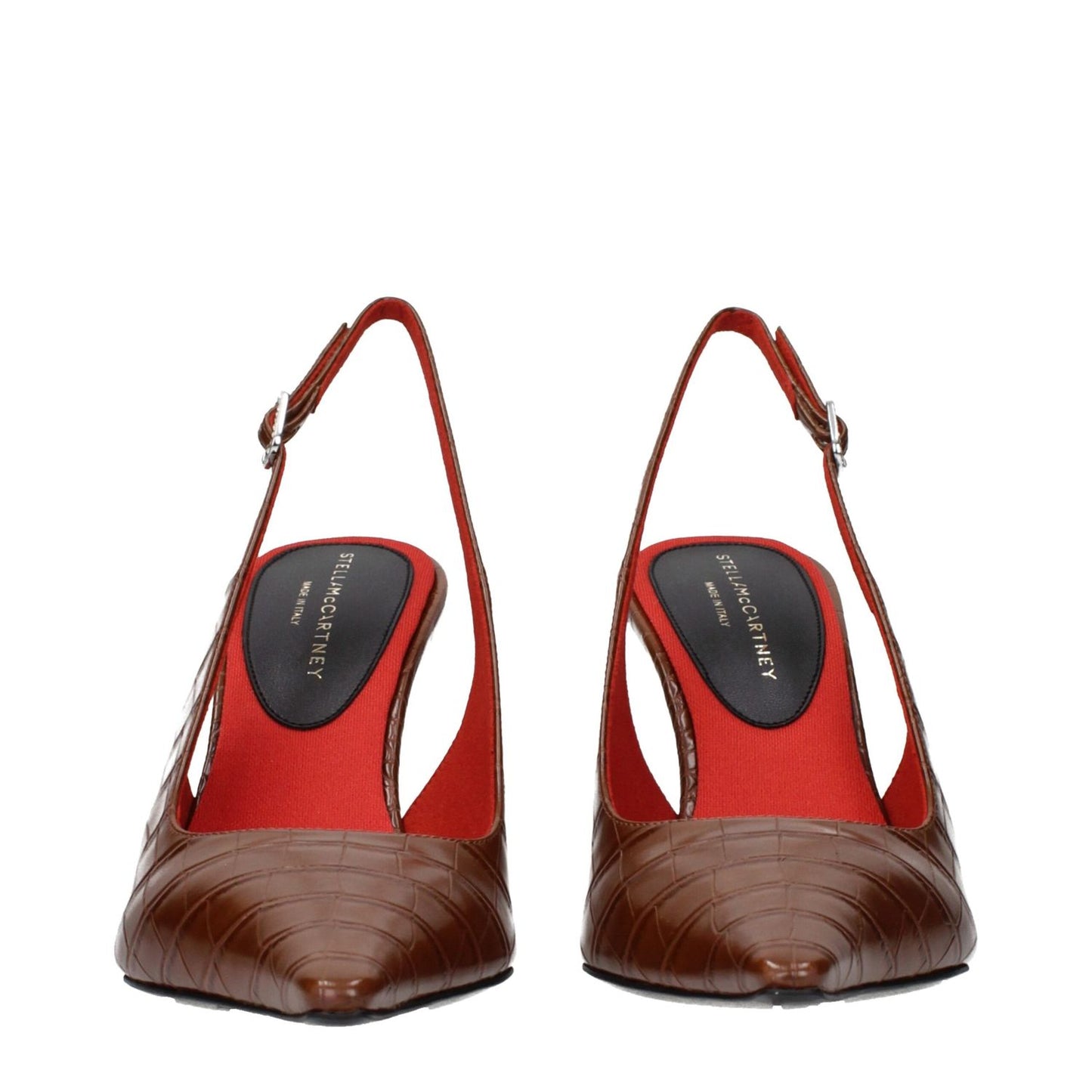 Stella McCartney Brown Leather Pumps with eco-friendly rhinestone design, showcasing elegance and sustainable fashion.
