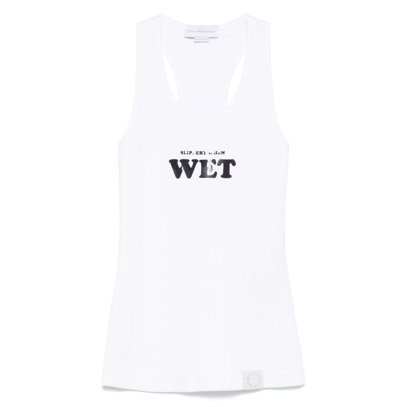 Stella McCartney Top White - Sleeveless racerback tank with 'Slippery When Wet' text, scoop neck design.