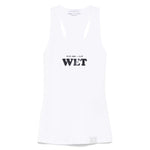 Stella McCartney Top White - Sleeveless racerback tank with 'Slippery When Wet' text, scoop neck design.