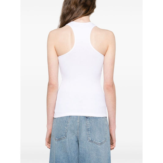 Back view of Stella McCartney Top White featuring racerback design and sleeveless cut on a model in denim jeans.