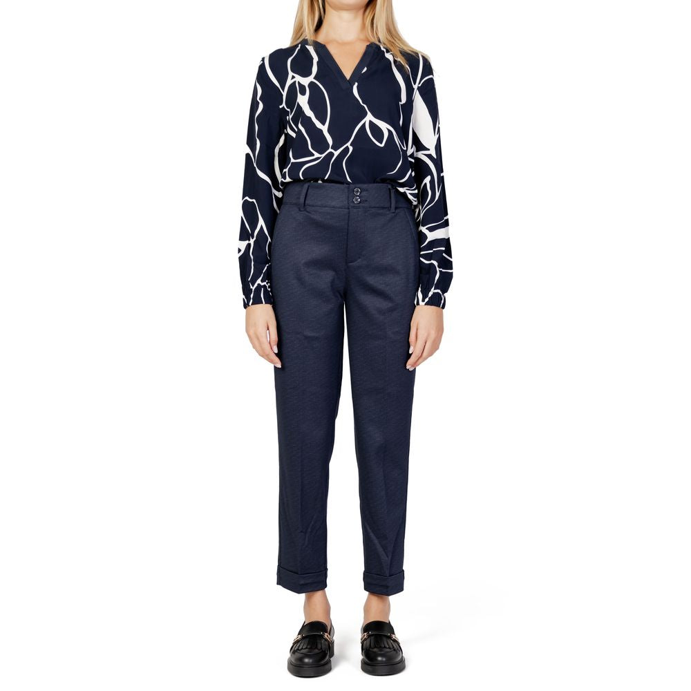 Woman wearing Street One Blue Viscose Pant, featuring chic high waist and comfortable tapered fit.