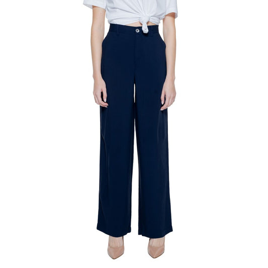 Woman wearing Street One Blue Viscose Pant, featuring chic high waist and comfortable tapered fit.