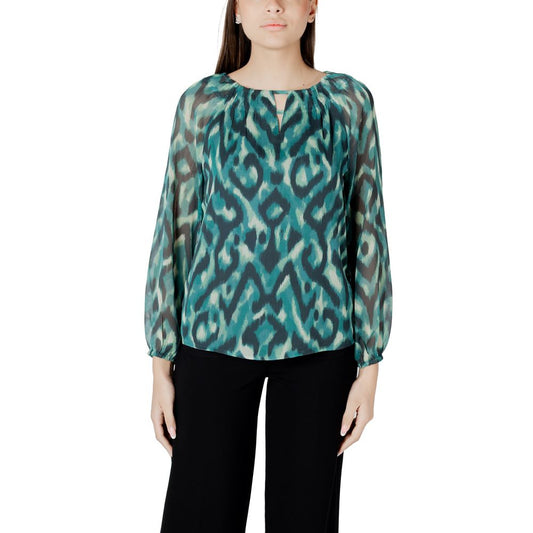 Street One Green Polyester Blouse with geometric pattern, long sleeves, round neckline slit, perfect for casual and formal occasions.