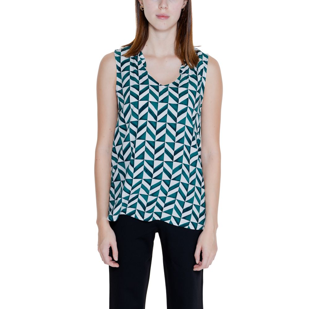 Woman wearing Street One Green Viscose Tank Top, geometric pattern, part of Spring/Summer collection, made of 100% viscose.