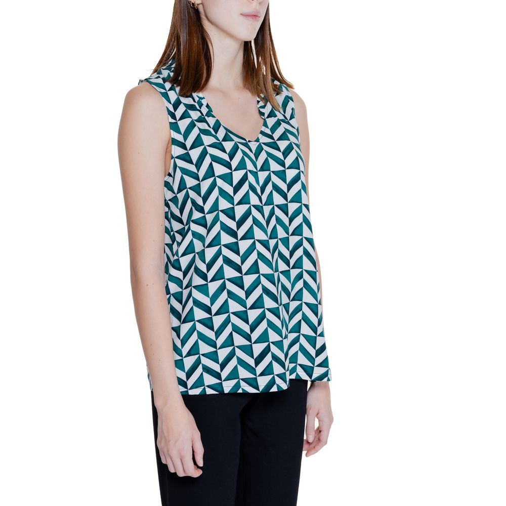 Woman wearing Street One Green Viscose Tank Top with geometric pattern, part of spring/summer collection.
