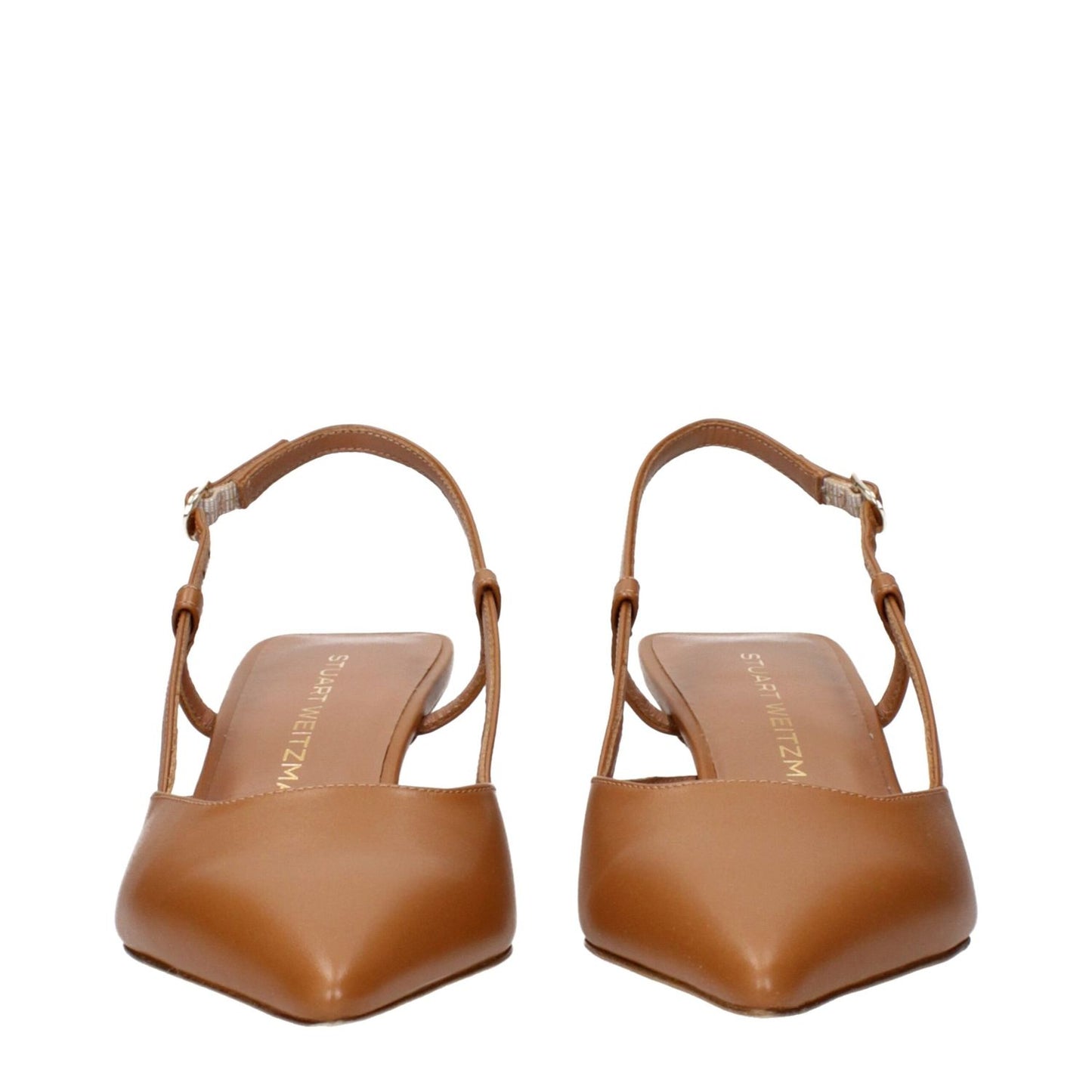 Stuart Weitzman Brown Leather Mid Heel Pumps, front view showcasing elegant design, brown leather color, and slingback strap.