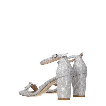 Stuart Weitzman Gray Fabric Platform Sandals with buckle closure and open toe, featuring an 8 cm mid heel.