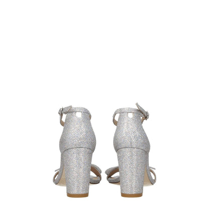 Stuart Weitzman Gray Fabric Platform Sandals with buckle closure and mid heels, open toe design, leather sole, back view.