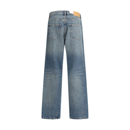 Sunflower Blue Cotton Jeans Denim featuring wide twist design with vintage wash and recycled metal trim, back view.