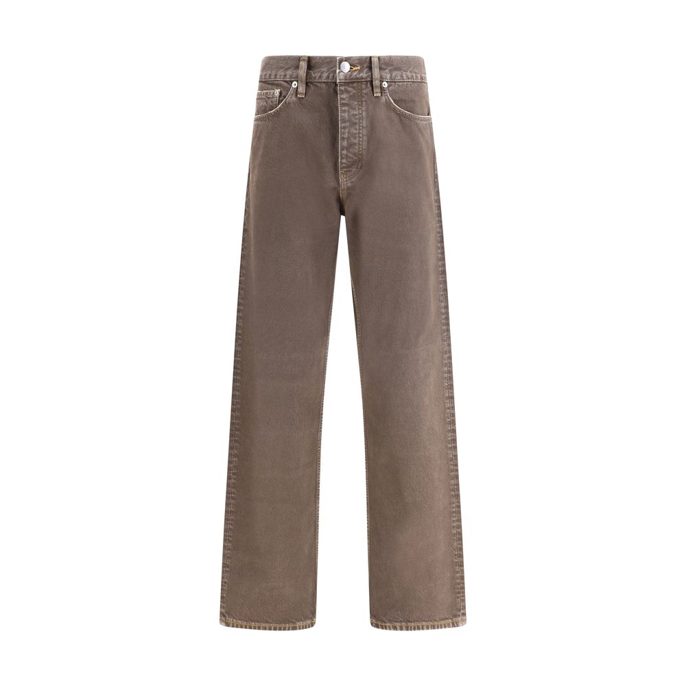 Sunflower Brown Cotton Relaxed Fit Jeans with twisted seams and recycled metal trim, showcasing sustainable fashion.