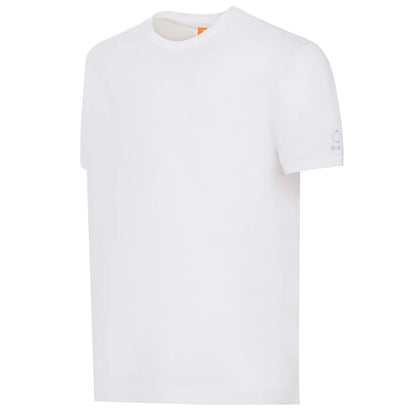 Suns White Cotton T-Shirt with crew neck, elasticated sleeves, and logo on left sleeve. Comfortable stretch fit for daily wear.
