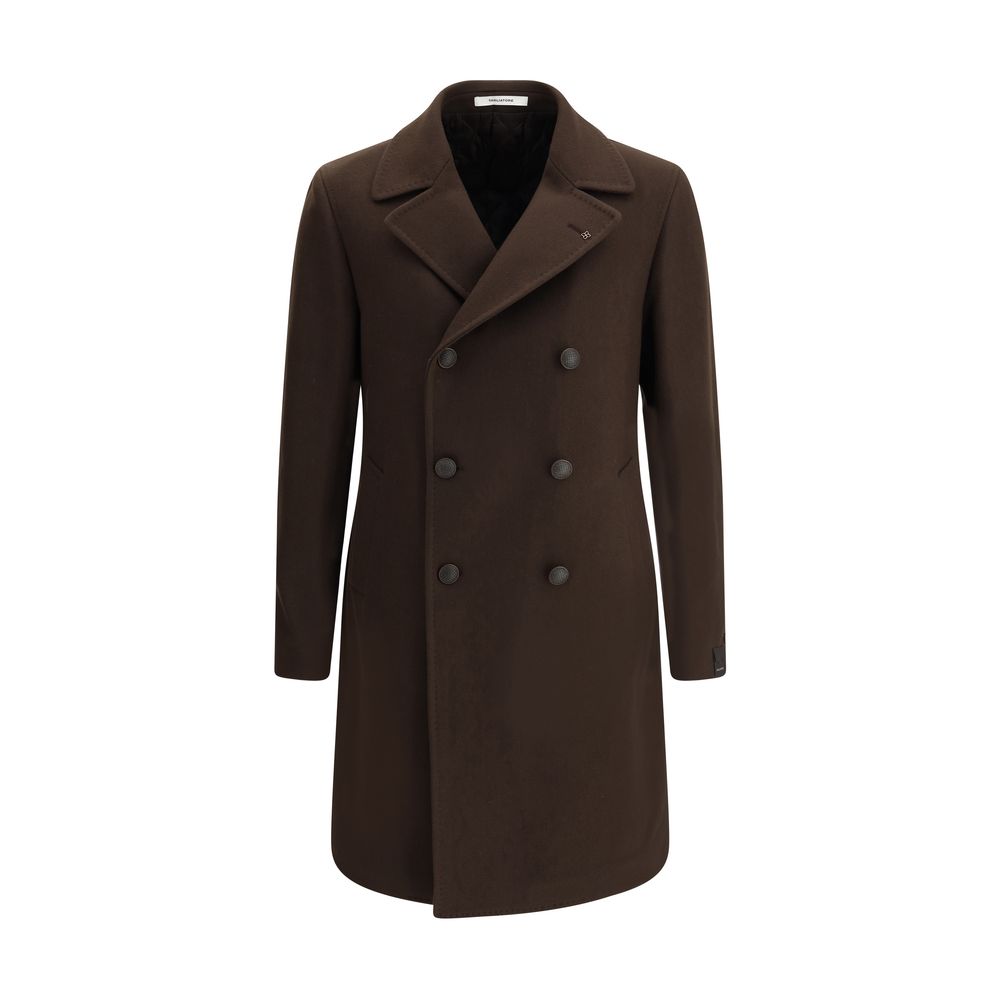 Tagliatore Brown Wool Coat with double-breasted closure, wide lapels, and side welt pockets for elegant winter fashion, AW25 collection.
