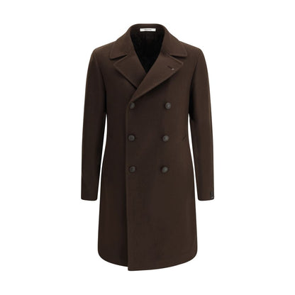Tagliatore Brown Wool Coat with double-breasted closure, wide lapels, and side welt pockets for elegant winter fashion, AW25 collection.