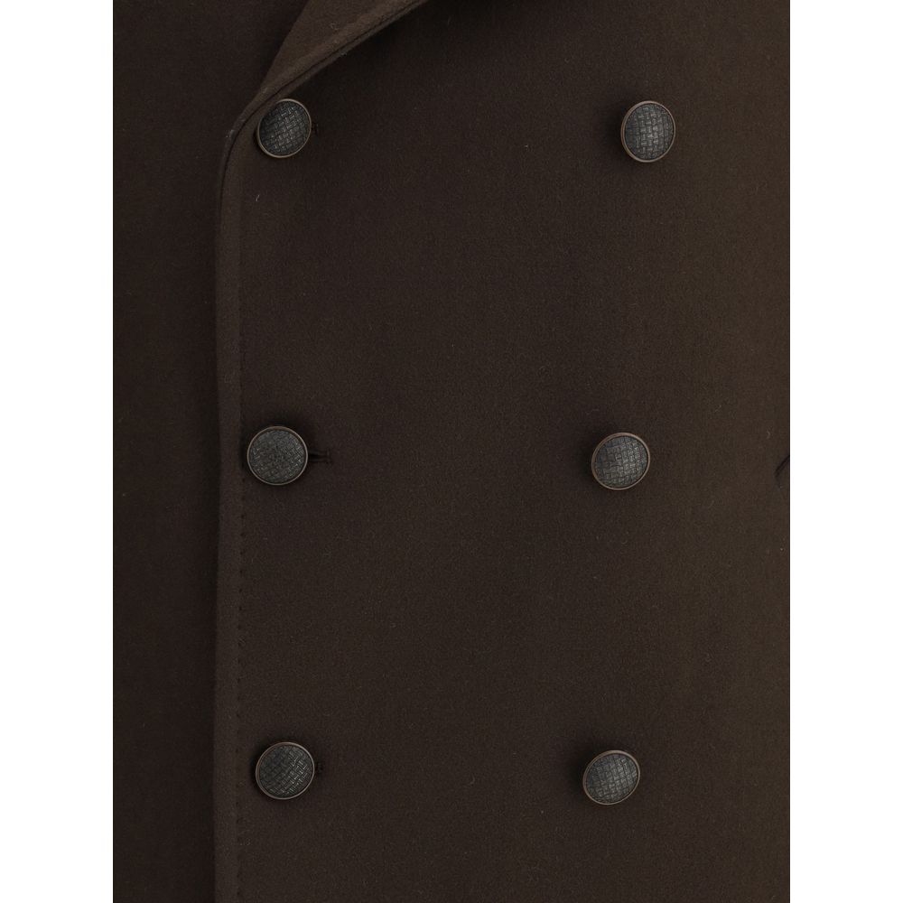 Tagliatore Brown Wool Coat close-up double-breasted front button detail