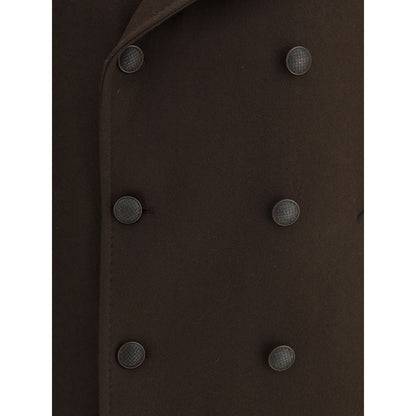 Tagliatore Brown Wool Coat close-up double-breasted front button detail