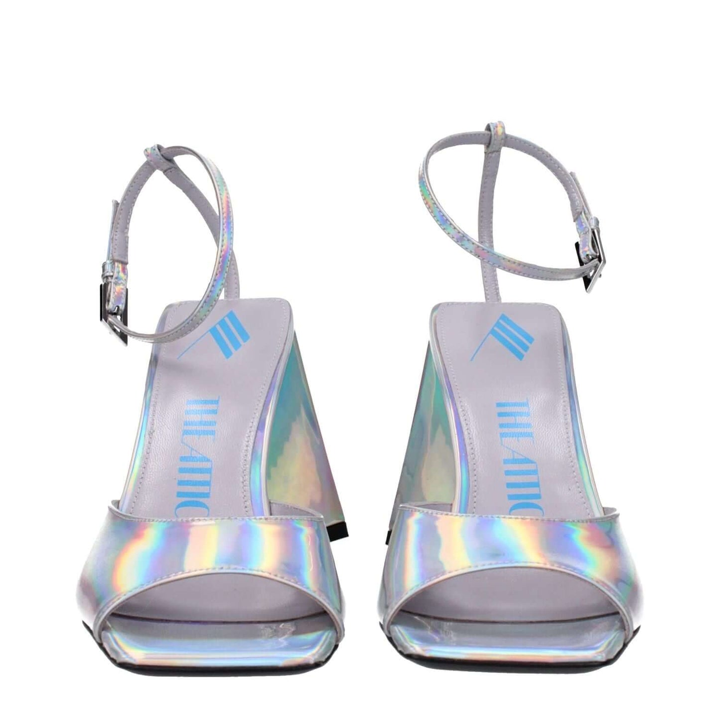 The Attico Gray Leather Platform Sandals with buckle closure, open toe, eco leather, high heel, and rubber sole.