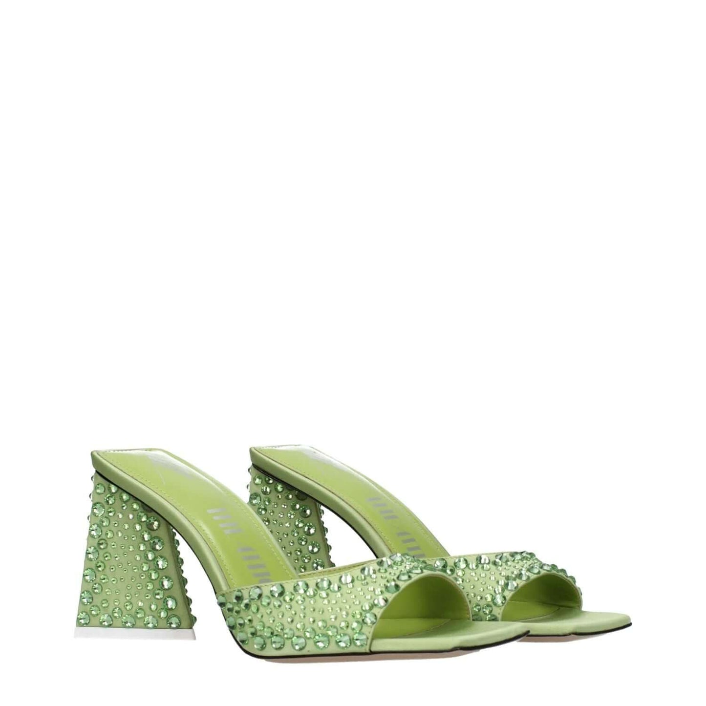 The Attico Green Satin Stiletto Heel Sandals with rhinestone details and open toe design, featuring an 8.5 cm mid heel.