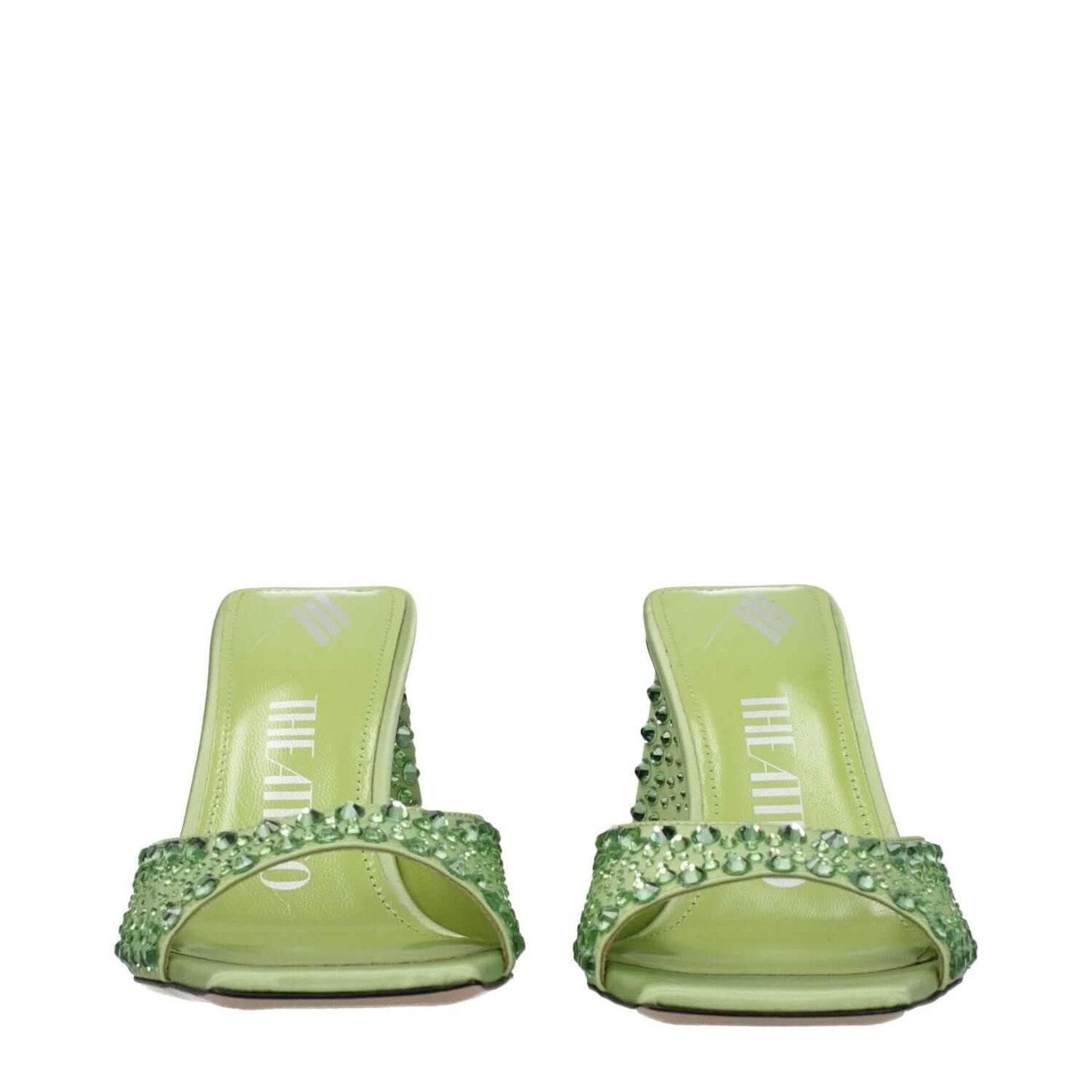 The Attico Green Satin Stiletto Heel Sandals with rhinestones, open toe design, mid heel, and leather sole, front view.