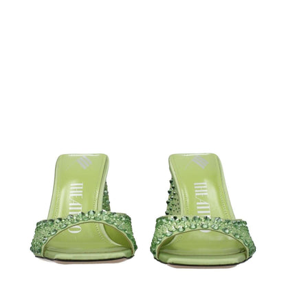 The Attico Green Satin Stiletto Heel Sandals with rhinestones, open toe design, mid heel, and leather sole, front view.