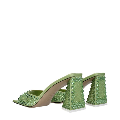 The Attico Green Satin Stiletto Heel Sandals with rhinestones and open toe, featuring lime mid heels and leather sole, side view.