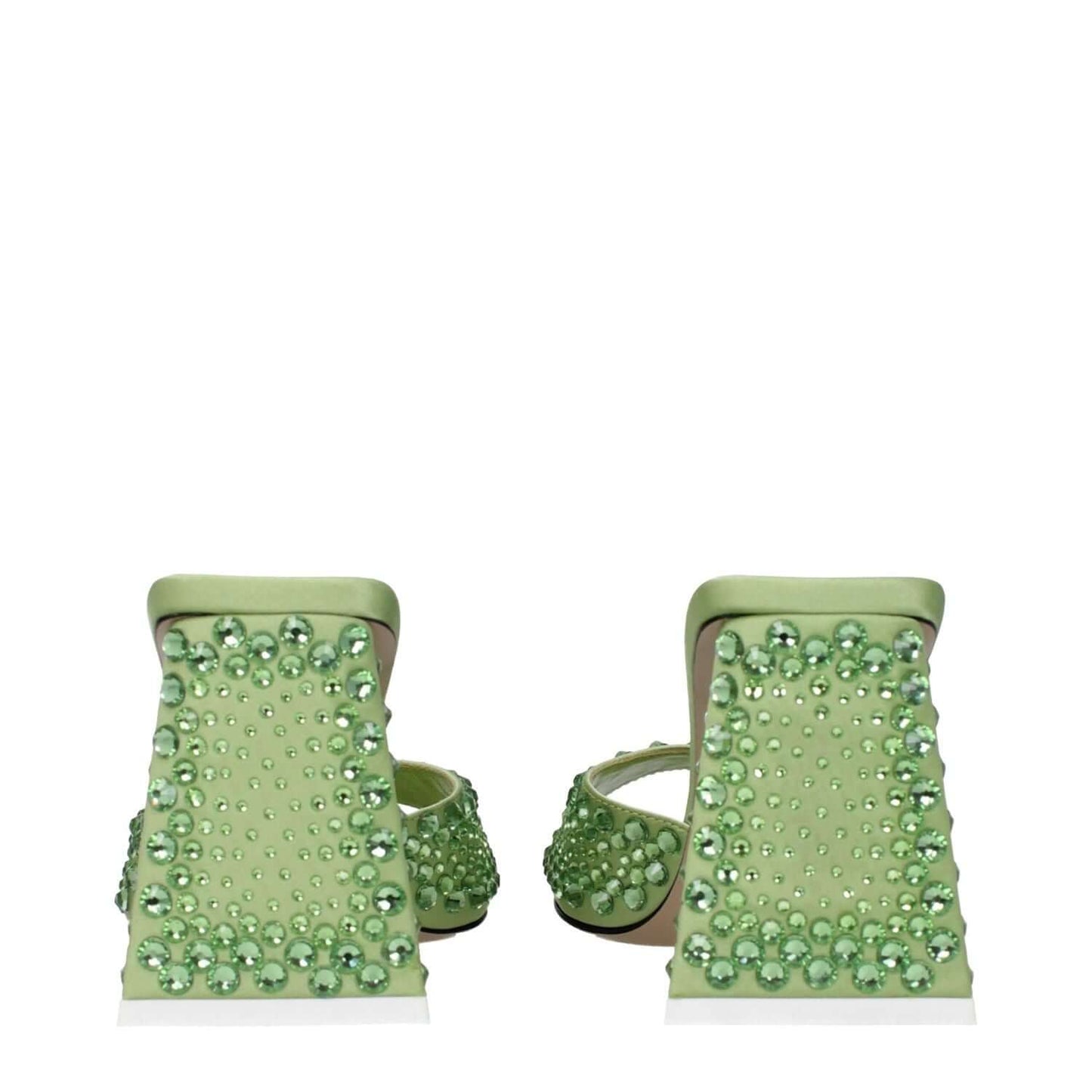 The Attico Green Satin Stiletto Heel Sandals with rhinestones, mid heels, open toe, leather sole, stylish design.