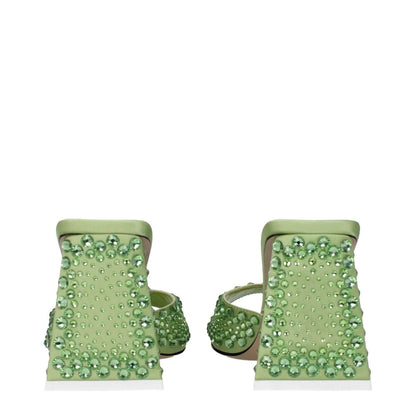 The Attico Green Satin Stiletto Heel Sandals with rhinestones, mid heels, open toe, leather sole, stylish design.