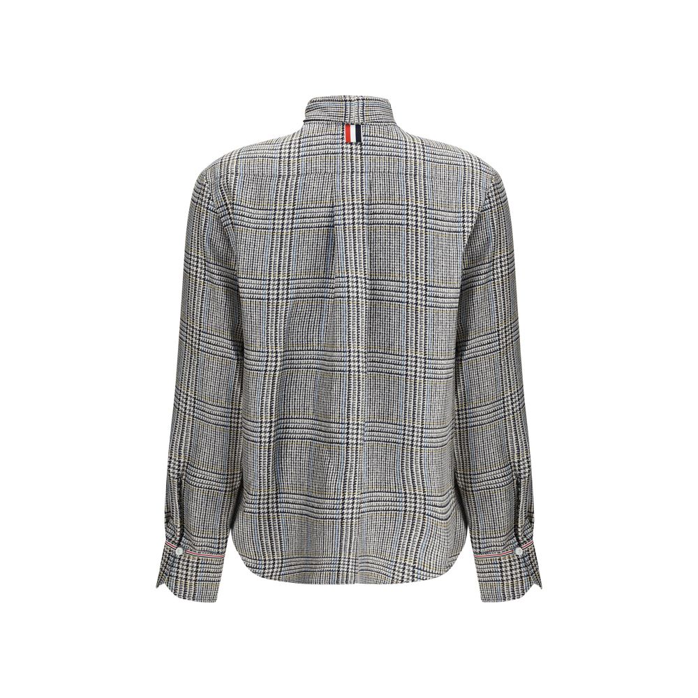 Thom Browne Beige Silk Dress Shirt with detachable bow, showcasing intricate Hunting tweed pattern from back view.