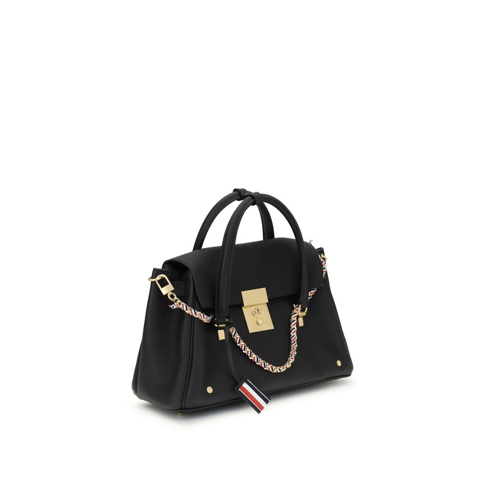 Thom Browne Black Calf Leather Bos Taurus Handbag with brass padlock front closure and grosgrain striped loop detail.