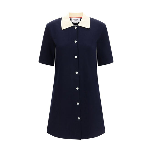 Thom Browne Blue Cotton Casual Dress with polo-style collar and button closure, ribbed knit, elegant short sleeves, 100% cotton.
