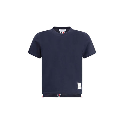 Thom Browne Blue Cotton T-Shirt with logo patch, ribbed crew neck, colored bands, and adjustable side slits.