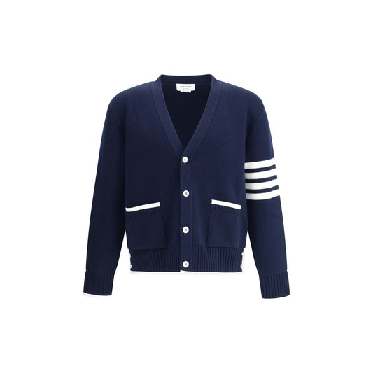 Thom Browne Blue Merino Wool Cardigan with V-neck and contrasting details.