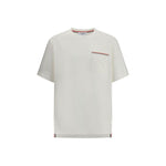 Thom Browne Cotton T-Shirt with ribbed crew neck, asymmetrical hem, and iconic stitching accents in white, featuring side buttons and logo patch.