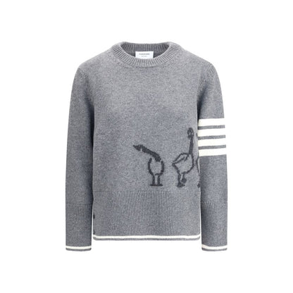 Thom Browne Gray Fleece Wool Sweatshirt with ribbed crew neck, asymmetric hem, and geese design.