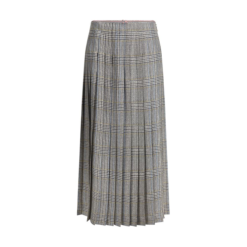 Thom Browne Multicolor Silk Midi Skirt with signature grosgrain loop tab and front bow, perfect for elegant and timeless look.