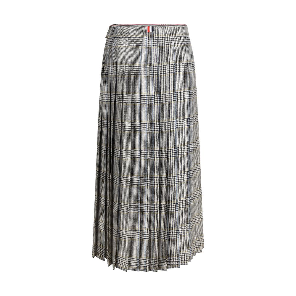 Thom Browne Multicolor Silk Midi Skirt with pleats and signature striped grosgrain loop tab, perfect for elegant and timeless looks.
