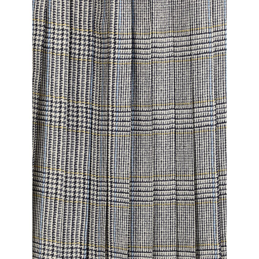 Thom Browne Multicolor Silk Midi Skirt with houndstooth pattern, featuring signature striped grosgrain loop tab and front-positioned bow.