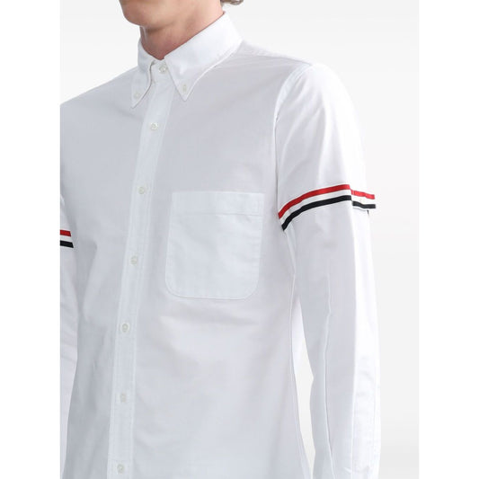 Thom Browne Shirts White - Men's white cotton shirt with RWB stripe, grosgrain tab, classic collar, and logo patch detailing.