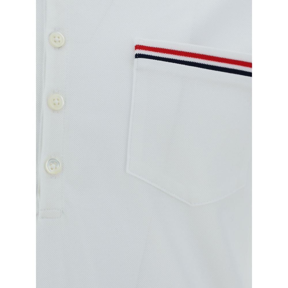 Close-up of Thom Browne Short Sleeves Polo Shirt with patch pocket and iconic contrasting bands.