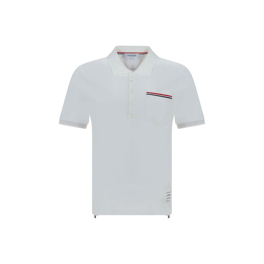 Thom Browne Short Sleeves Polo Shirt with classic collar, patch pocket, and iconic contrasting bands.