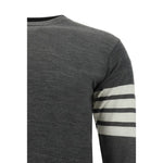 Thom Browne Sweater with ribbed crew neck and iconic contrast stripes on left arm, fleece wool fabric, monochrome pattern.