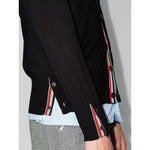 Side view of Thom Browne Sweaters Blue featuring navy 4-Bar stripe cardigan with button detail and RWB stripe.